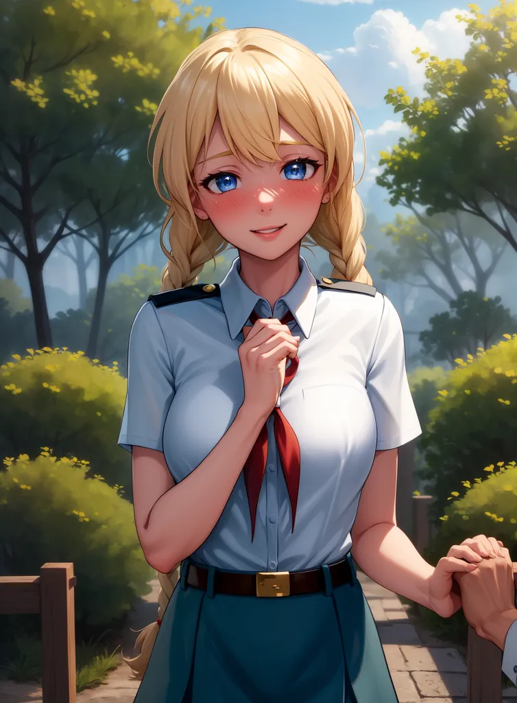 The image is a digital painting of a young woman with long blonde hair and blue eyes. She is wearing a white shirt, a red tie, and a green skirt. She has a shy smile on her face and is holding hands with someone. The background is a blurred park with trees and bushes.