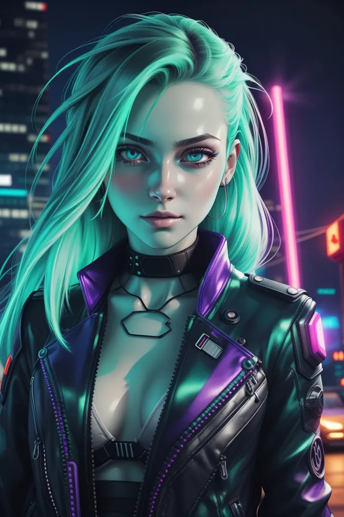 La imagen muestra a una mujer joven con el cabello verde y ojos azules. Lleva una chaqueta de cuero negro con detalles morados y un collar negro. También lleva una blusa corta blanca. El fondo es una ciudad borrosa por la noche con luces brillantes.