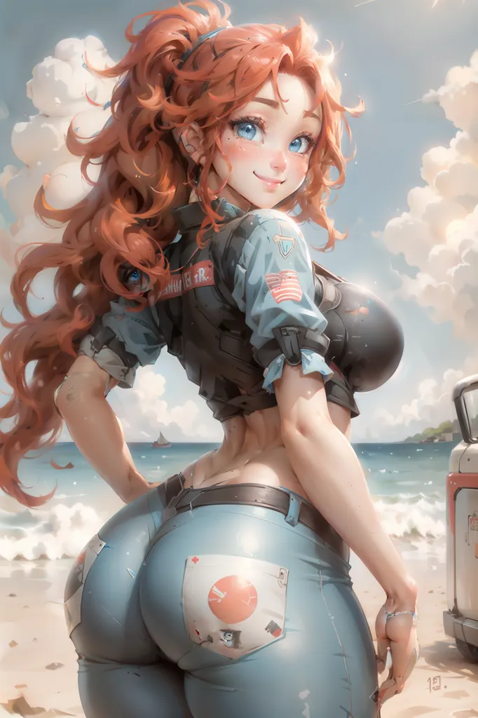 The image is a pinup style drawing of a young woman. She is standing with her back to the viewer, but her head is turned to the side so that she is looking at the viewer with a smile on her face. She has long red hair that is blowing in the wind, and she is wearing a blue tank top and jeans. The woman is standing on a beach, and there is a large wave crashing behind her. The sun is shining, and the sky is blue.