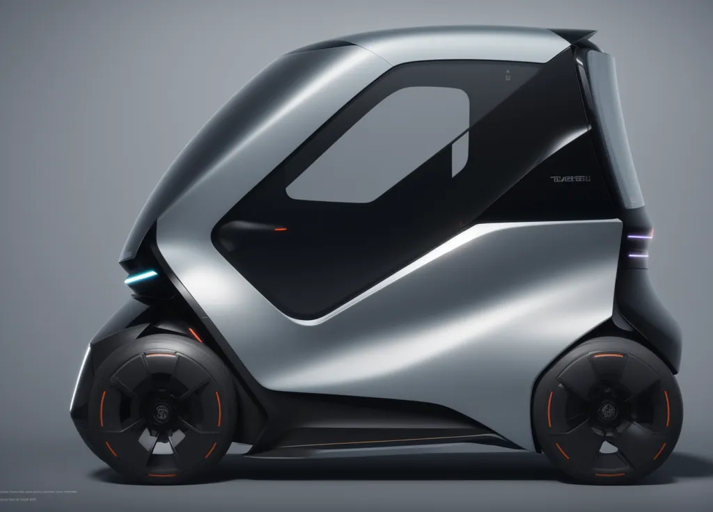 La imagen es de un coche futurista de color plateado. Tiene un diseño aerodinámico y elegante, y unas ruedas grandes y negras. El coche también es muy pequeño, lo que lo hace perfecto para conducir en la ciudad. El coche tiene un parabrisas y ventanas laterales grandes, lo que proporciona una excelente visibilidad. El coche está propulsado por un motor eléctrico y tiene un alcance de 200 millas con una sola carga. El coche puede alcanzar una velocidad máxima de 80 millas por hora.