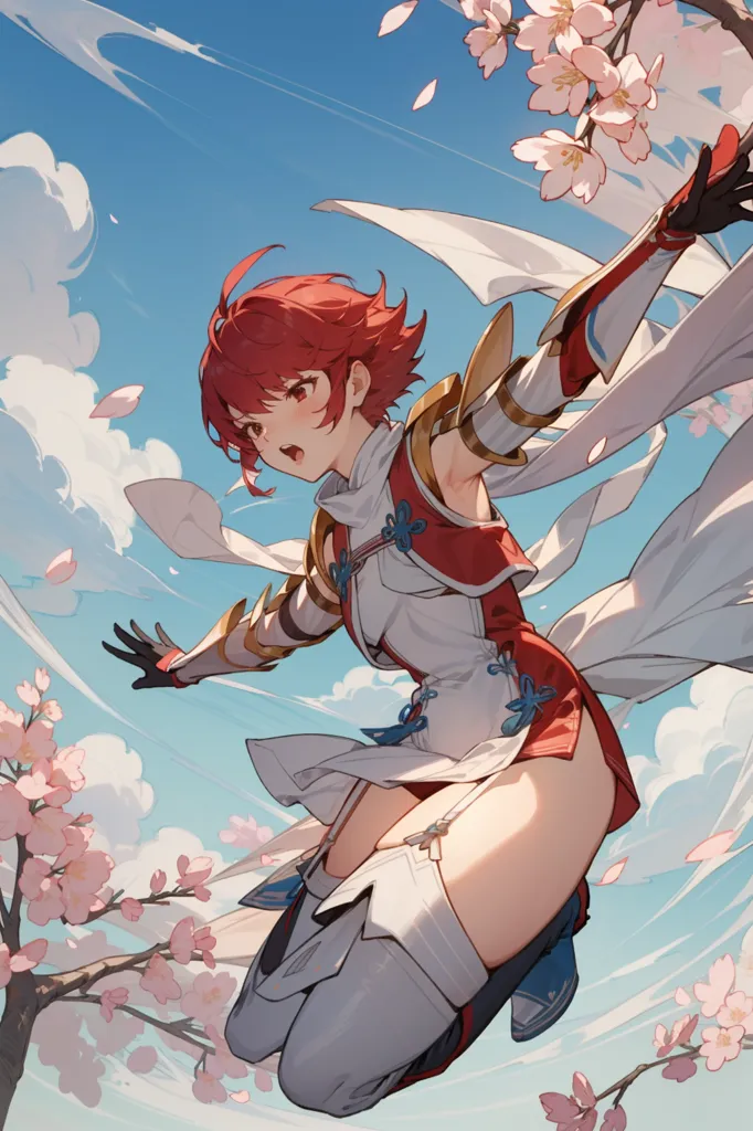 This image shows a young woman with red hair and red eyes. She is wearing a white and red outfit. She is jumping in the air and has a determined expression on her face. She is surrounded by cherry blossoms. The background is a light blue sky with white clouds.