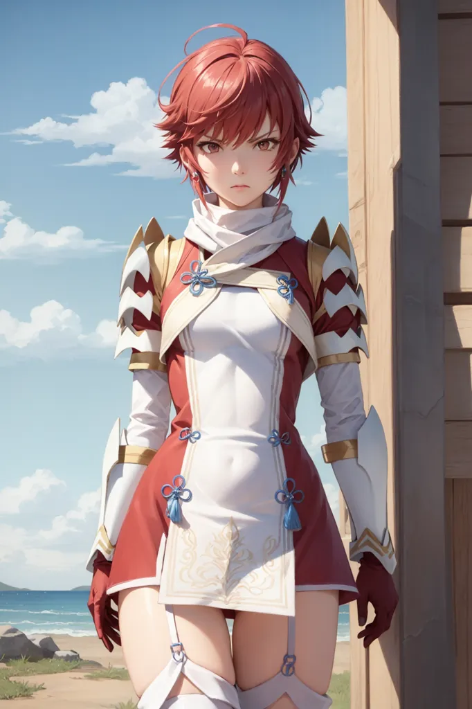 This is an image of a young woman with red hair and red eyes. She is wearing a white and red outfit with a white cape. She is also wearing a pair of brown boots. She is standing in front of a wooden fence and there is a body of water and a cloudy sky in the background.