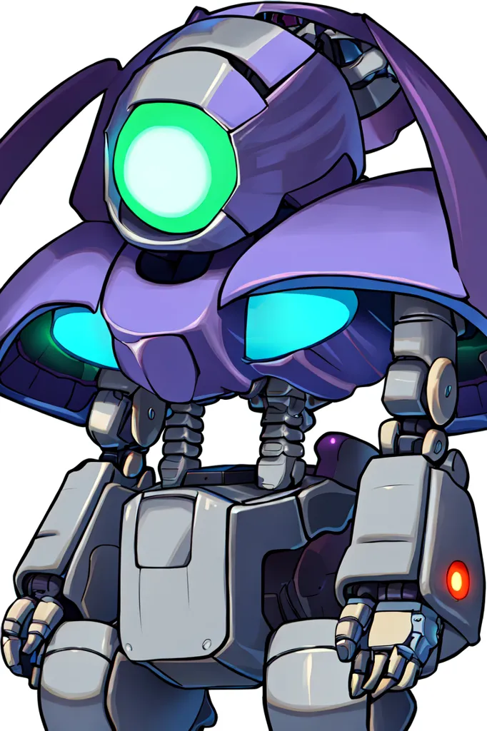 The image shows a purple and gray robot with a large green eye on its head. It has two smaller blue eyes on either side of the large eye. The robot has a mouth and a chin. Its body is made up of several different parts, including a chest, arms, and legs. The robot is standing on two feet and has two arms. Its arms are bent at the elbows and its hands are open. The robot has a light on its chest.