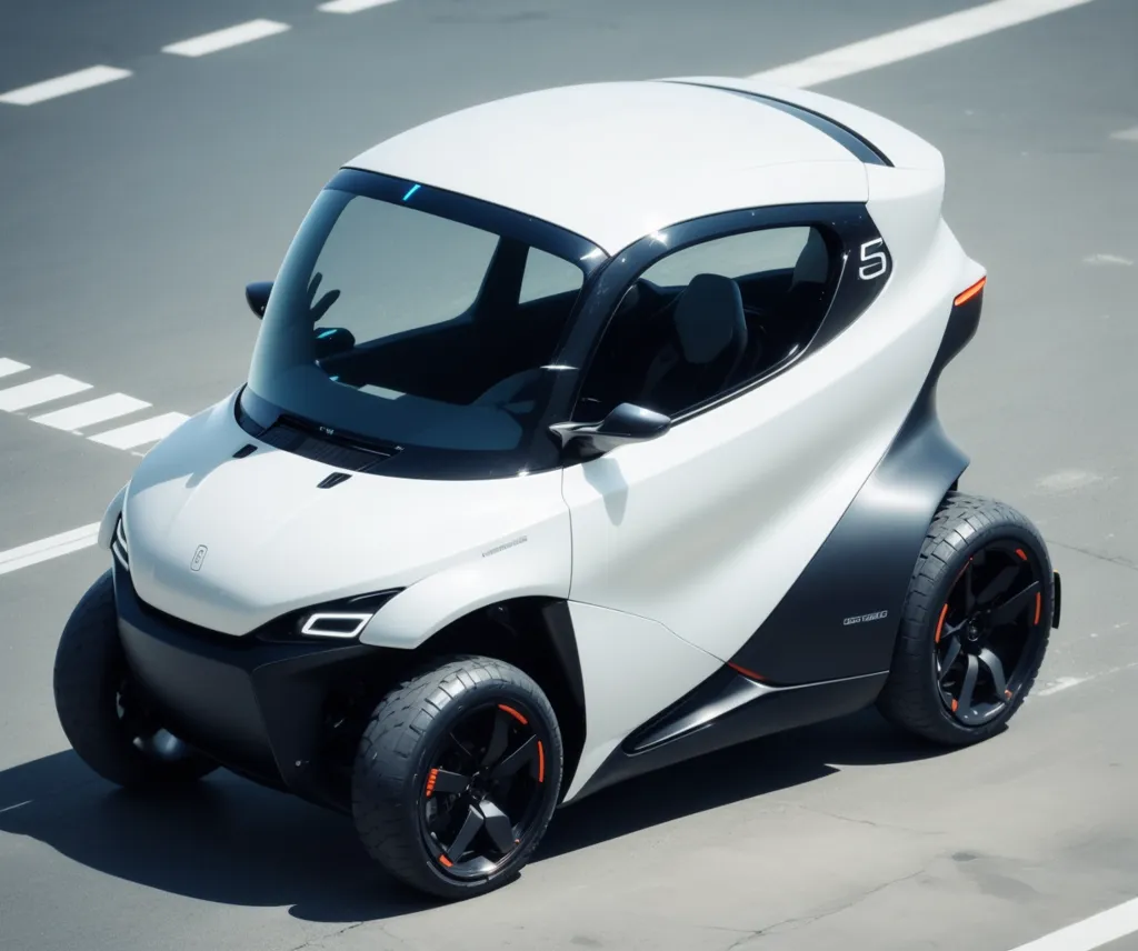 A imagem mostra um carro de três rodas branco e preto. O carro tem um design futurista e parece ser de um filme de ficção científica. O carro é pequeno e parece ser perfeito para dirigir na cidade.