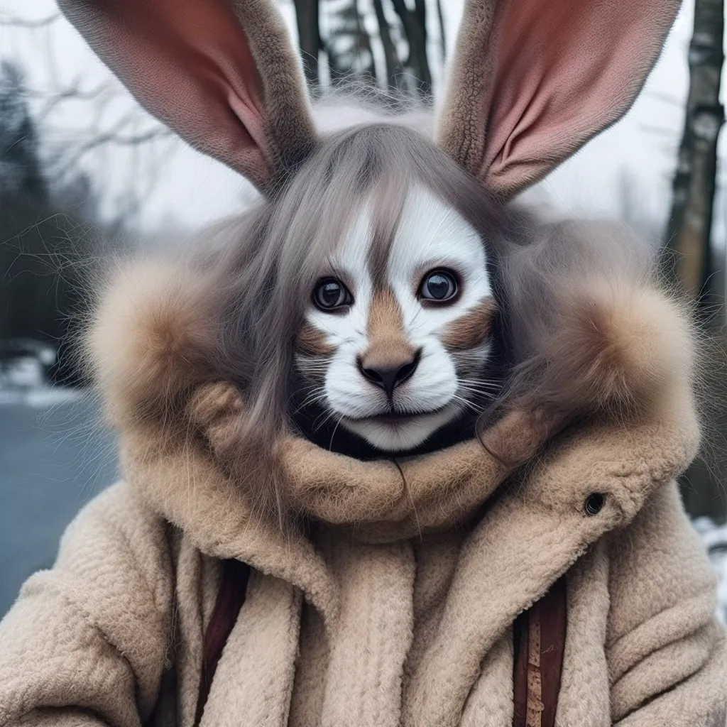 The image shows a realistic rendering of an animal with the head of a cat and the ears of a rabbit. The fur on the animal's head is white and gray, and the fur on its body is brown. The animal is wearing a brown coat with a fur collar, and it is standing in a snowy forest. The animal is looking at the camera with its big, round eyes.