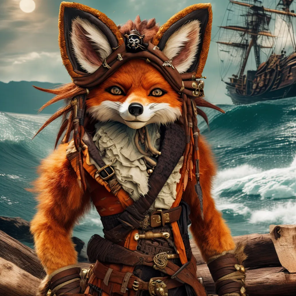 The image shows a red fox wearing a pirate hat and outfit. The fox is standing on a ship's deck, and there is a large ship in the background. The fox is looking at the viewer with a sly expression. It is wearing a brown vest with lots of buckles and gold buttons. It also has a white ruffled shirt and a black tricorn hat with a skull and crossbones on it. The fox's ears are perked up and its tail is swishing back and forth. The background of the image is a stormy sea with large crashing waves.