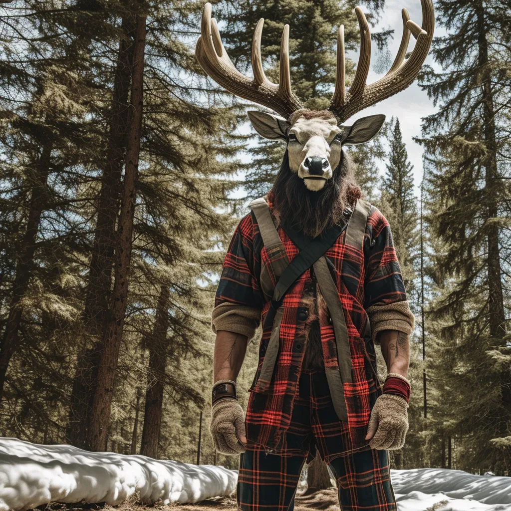 La imagen muestra a una persona que lleva una máscara con cabeza de ciervo y una camisa a cuadros en medio de un denso bosque. La persona lleva un chaleco marrón con muchos bolsillos y guantes marrones. La luz se filtra a través de los árboles. Hay nieve en el suelo.