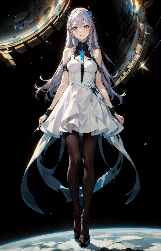 The image is an anime-style drawing of a young woman with long white hair and blue eyes. She wears a white dress with a black corset and black stockings. She is standing in front of a blue and white background with a large spaceship in the distance.