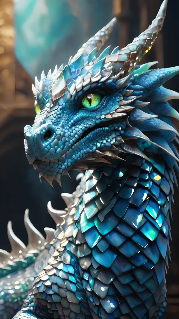 The dragon is a majestic creature with shimmering blue scales and green eyes. Its头上戴着皇冠, and its body is covered in sharp spikes. The dragon is sitting on a pile of gold coins, and it is looking out over its kingdom. The dragon is a symbol of power and strength, and it is a creature that is to be feared.