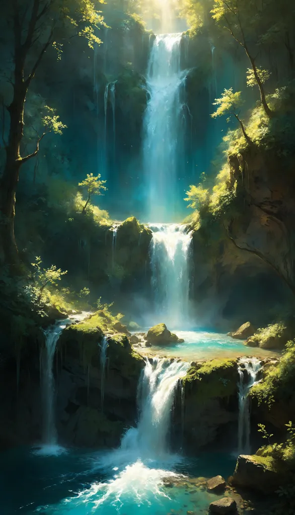 The waterfall is cascading down from a great height, and the water is crashing against the rocks below. The waterfall is surrounded by a lush green forest, and the trees are reaching out towards the water. The sun is shining brightly, and the water is sparkling. The waterfall is a beautiful and peaceful place, and it is a perfect place to relax and enjoy nature.