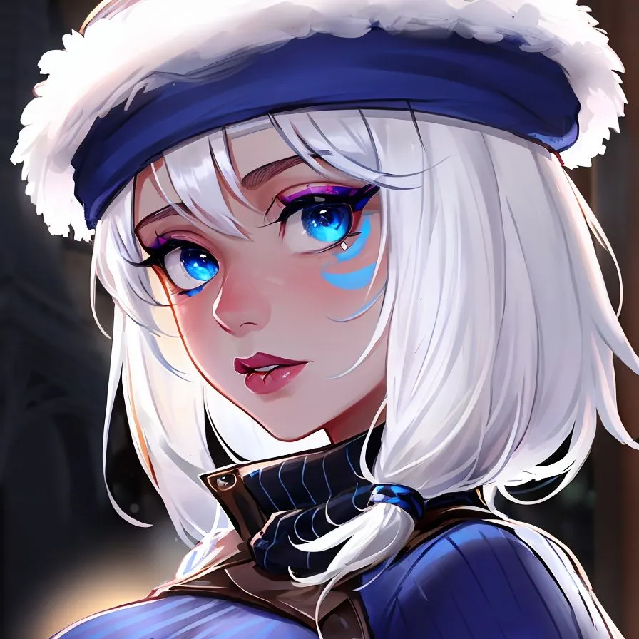 The image is a digital painting of a young woman with white hair and blue eyes. She is wearing a blue beanie with a fur lining and a blue and white striped turtleneck sweater. The woman has a confident expression on her face and is looking at the viewer with her head tilted slightly to the side. Her hair is styled in a ponytail with a few loose strands framing her face. She has blue markings on her cheeks and around her eyes. The background is a dark blue color with a few light blue highlights.