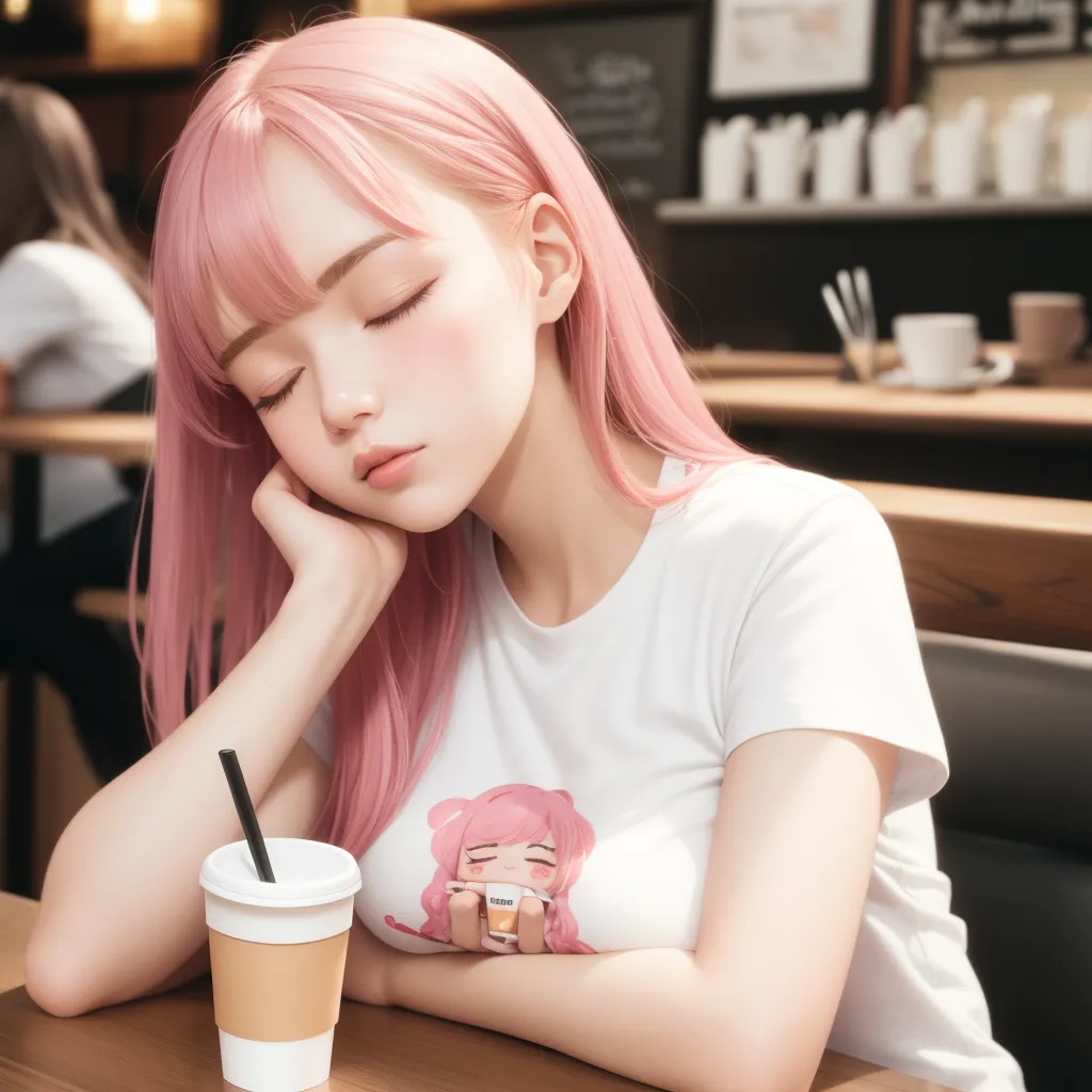 The image shows a young woman with pink hair and pink eyes. She is wearing a white t-shirt with a pink cartoon character on it. She is sitting at a table in a cafe, with a coffee cup on the table. She has her head resting on her hand and her eyes are closed.