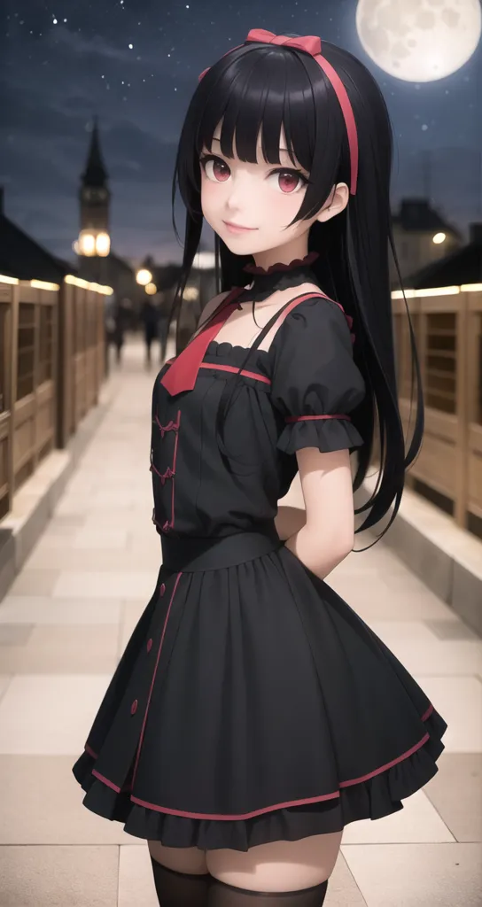 The image is of a young girl with long black hair and red eyes. She is wearing a black dress with a white collar and a red bow in her hair. She is standing on a bridge at night. There is a full moon in the sky and a clock tower in the background.