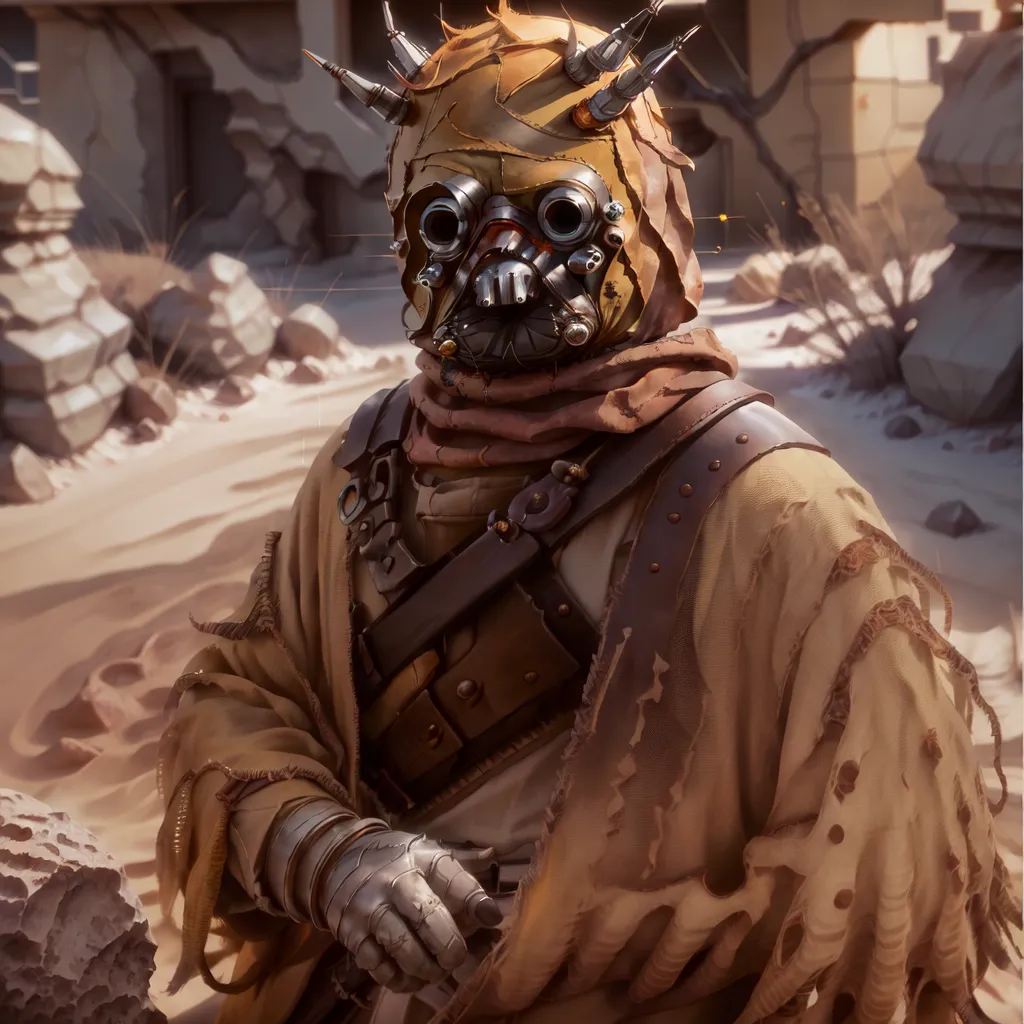 The image shows a humanoid wearing a mask and a tattered brown cloak or robe. The mask has two large breathing filters and several small spikes on the top and sides. The figure's hands are covered in some kind of metal gauntlet. They are standing in a desert environment, with large rocks and buildings in the background.