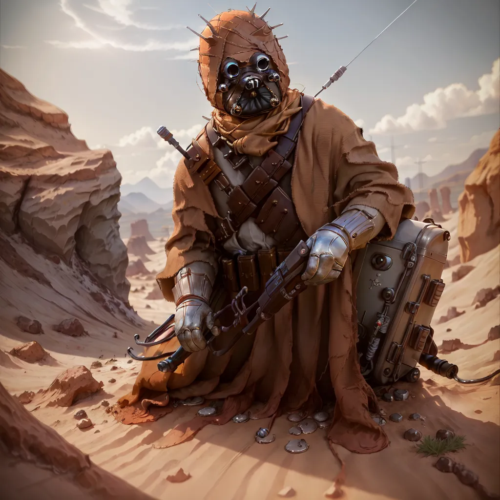 The image shows a lone figure in the desert. The figure is wearing a brown cloak and a mask, and is carrying a weapon of some sort. The background is a vast desert landscape, with mountains in the distance. The figure is kneeling on the ground, and there are several small objects scattered around them.