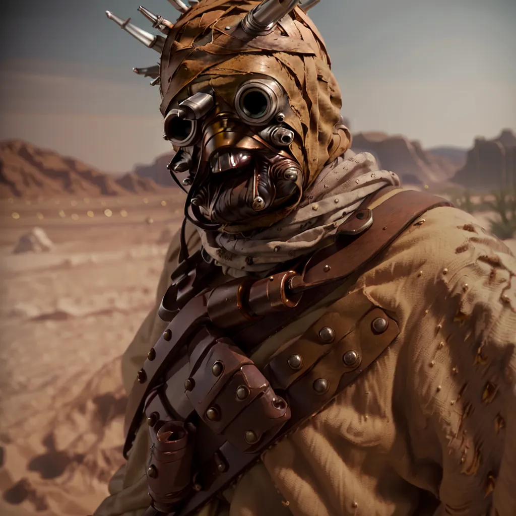 The image shows a humanoid wearing a complex mask made of various materials, including metal and leather. The mask covers the person's entire face, with goggles protecting their eyes. The rest of the person's body is covered in a tattered brown cloak with various straps and buckles. The person is standing in a desert landscape with a large rock formation in the background.