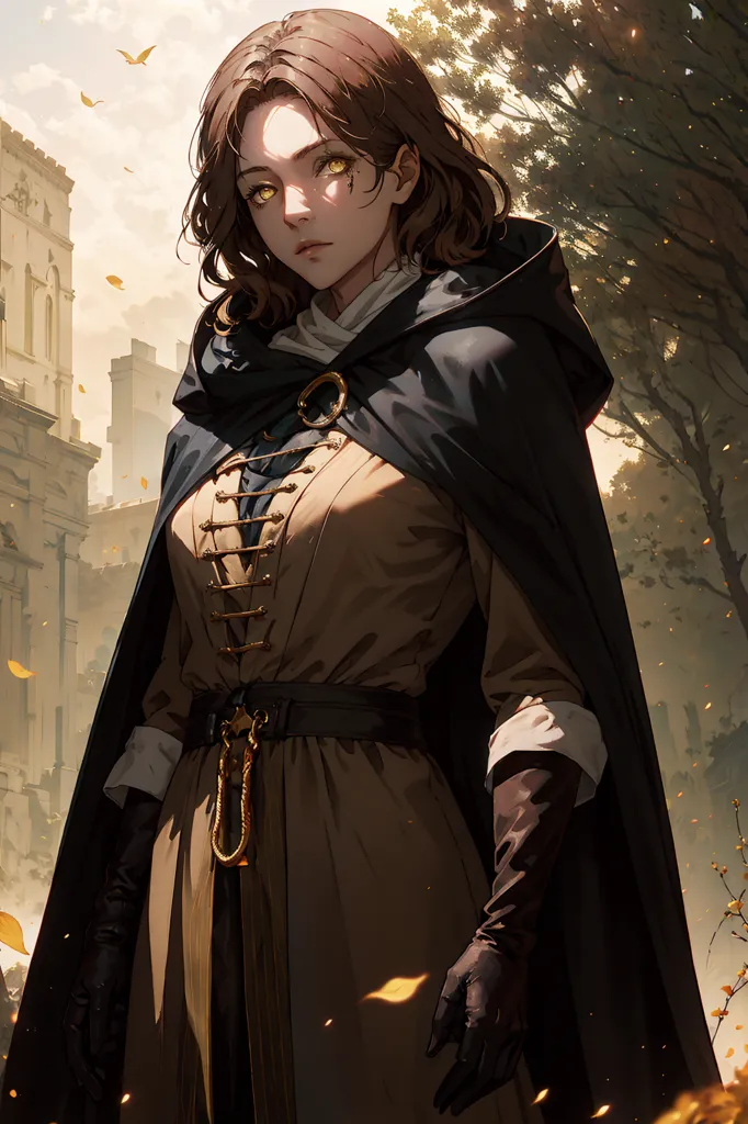 This is an image of a woman with long brown hair. She is wearing a brown cloak with gold trim and a white shirt with a brown vest. She is also wearing black gloves. She is standing in a forest and there is a building in the background. The woman's eyes are glowing yellow.