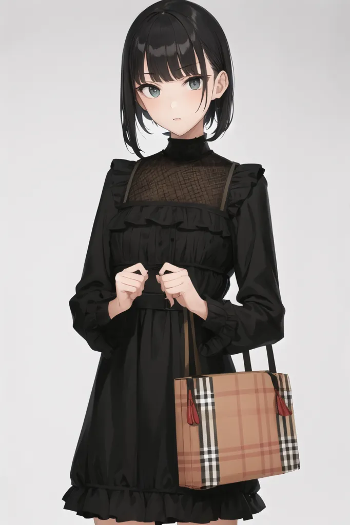 The image shows a young woman with short black hair and dark eyes. She is wearing a black dress with a white collar and a brown handbag with a checkered pattern. She is standing with her hands clasped in front of her, looking at the viewer with a slightly shy expression.