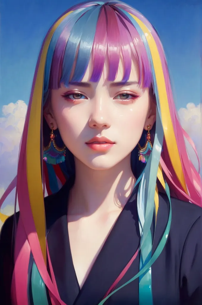 La imagen muestra a una mujer joven con el cabello largo y ondulado. Su cabello es un arcoíris de colores, con mechones de azul, verde, rosa y amarillo. Los ojos de la mujer son de un marrón profundo y su piel es clara. Lleva puesta una chaqueta negra. El fondo de la imagen es un cielo azul despejado, con algunas nubes blancas.