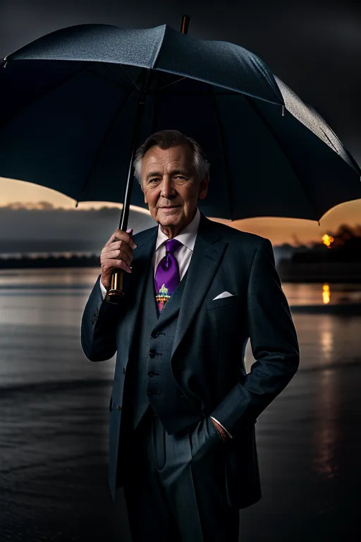 The image shows a man in his 70s, dressed in a tailored suit and tie, holding a black umbrella. He has a confident expression on his face. He is standing in front of a lake with the sun setting in the background.