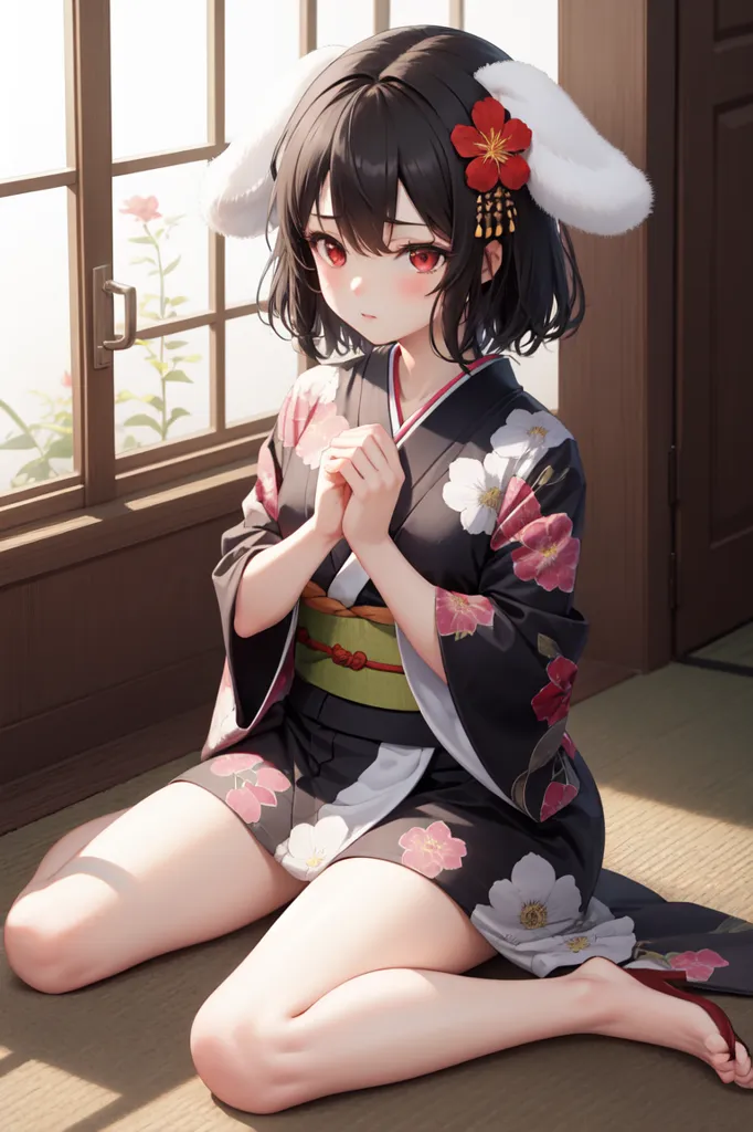 The image depicts a young woman, sitting on the floor with her legs tucked under her. She is wearing a black kimono with pink and white floral patterns, and has a red and white flower in her hair. The kimono is tied with a green obi. She has bunny ears and red eyes. She is looking at the viewer with a shy expression. The background is a traditional Japanese room with a sliding door and a window.