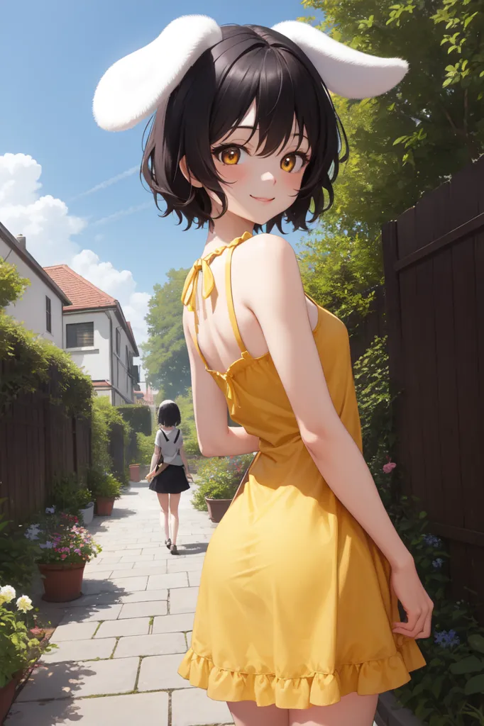 The image shows a young woman with short black hair and brown eyes. She is wearing a yellow dress with a white bow at the back. She also has a pair of white bunny ears on her head. She is standing in a garden, with a brick path leading away from her. There is a tree to her right and some flowers in pots to her left. In the background, there is a building with a red roof.