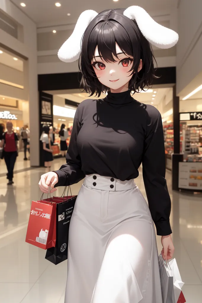 The image depicts an anime-style girl with short black hair and red eyes. She is wearing a black turtleneck blouse and white pants. She also has bunny ears on her head and is carrying two shopping bags. She is standing in a shopping mall, surrounded by other shoppers.