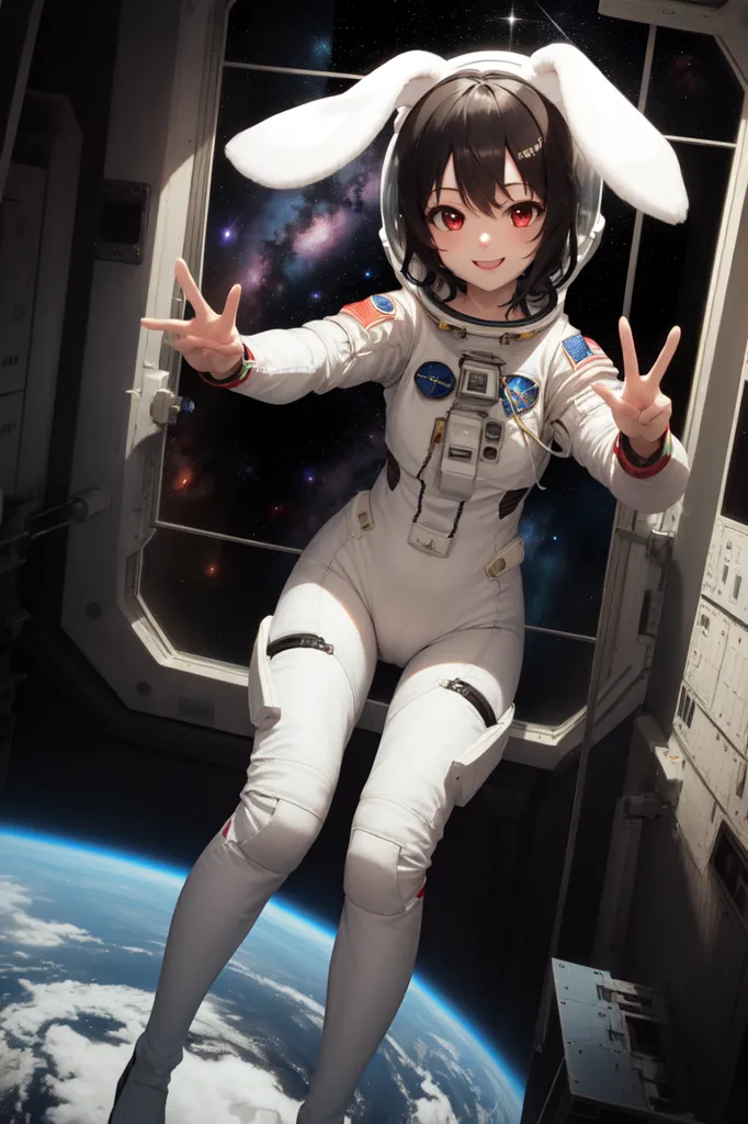 The image depicts an anime-style girl in a spacesuit with bunny ears. She is floating in space outside of a spaceship with one hand making a peace sign. She is wearing a white spacesuit with red and blue accents. The spacesuit has a clear bubble helmet with a pink tint. She has brown hair that is sticking out of the bottom of the helmet and red eyes. She is also wearing a pair of white gloves. The background of the image is a view of the Earth from space.