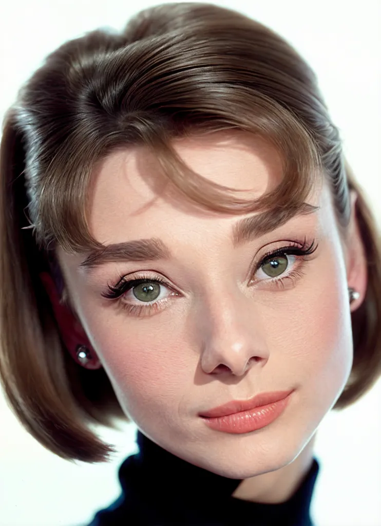 The photo shows a young woman with short brown hair and green eyes. She is wearing a black turtleneck sweater. The photo is taken from a close-up angle, and the woman's face is the main focus of the image. The woman has a soft smile on her face, and her eyes are looking directly at the camera. Her hair is styled in a way that is popular in the 1950s, and her makeup is also typical of that era. The photo is taken in a studio, and the background is white.