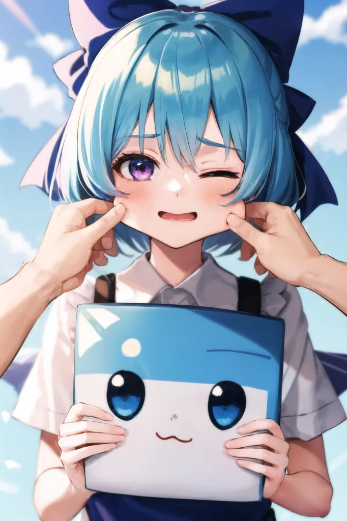 The image is of a young girl with blue hair and purple eyes. She is wearing a white shirt and a blue bow in her hair. She is holding a blue and white object in her hands. The girl is smiling and has her eyes closed. Someone is pinching her cheeks.