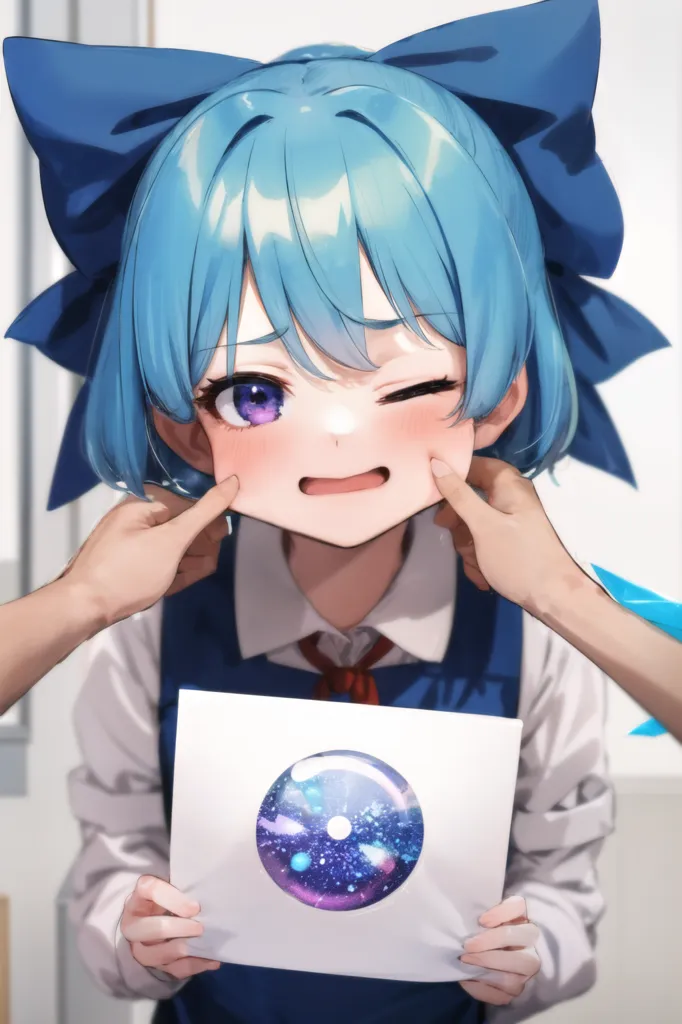 The image is of a young girl with blue hair and purple eyes. She is wearing a white shirt and blue skirt. The girl is smiling and has her cheeks being pulled by two hands. In her hands she is holding a paper with a picture of a galaxy on it. The background is white.