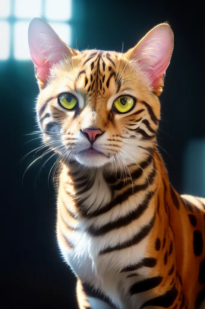 This is a photo of a cat with big green eyes and brown fur with black stripes and spots. The cat is looking at the camera. The background is dark with a blue light on the left side of the photo.