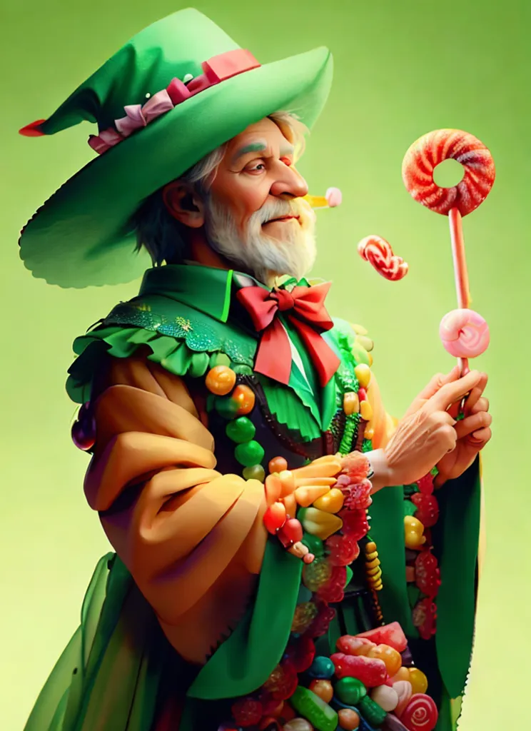 This image shows a man wearing a green hat and a green robe with yellow and red accents. He has a long white beard and a red bow tie. He is holding a staff with a donut on the end of it and has another donut in his mouth. He is also wearing a necklace made of candy. He has a kind smile on his face. The background is a light green color.