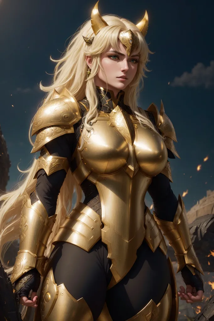 The image shows a tall, muscular woman with long, flowing blonde hair. She is wearing a golden breastplate and a black bodysuit. The breastplate has intricate designs and a high collar. The bodysuit has a low neckline and a high waist. She is also wearing golden boots and gloves. She has a determined expression on her face and is looking at the viewer with her blue eyes. She is standing in a rocky landscape with a dark, cloudy sky in the background.