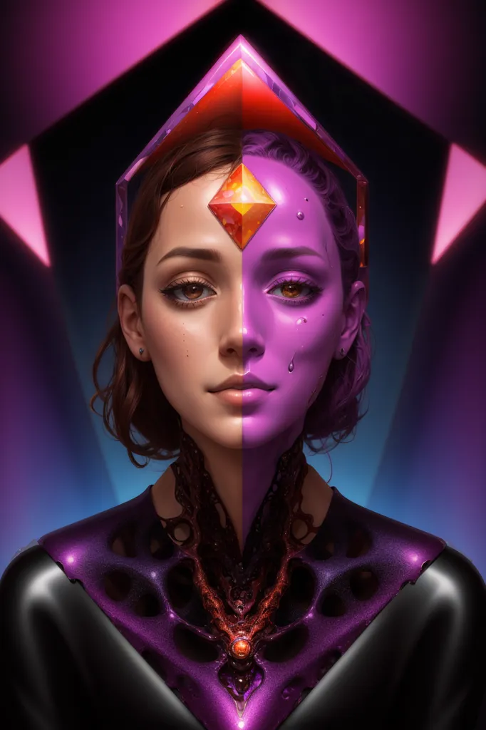 This image is a portrait of a woman. She has short brown hair. Half of her face is normal, while the other half is purple and has a diamond-shaped crystal embedded in it. She is wearing a black choker with a red diamond-shaped gem in the center. She is also wearing a purple bodysuit. The background is dark with several bright pink lights in the back.