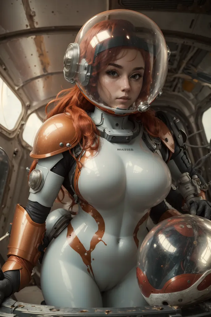 The image shows a young woman in a futuristic spacesuit with a clear bubble helmet. The spacesuit is white and orange, with black accents. The woman has long red hair and brown eyes. She is standing in a spaceship, with a large window behind her. There is a control panel on the wall to her right.