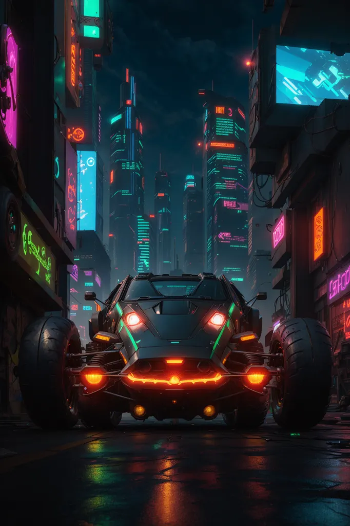 Un coche futurista negro está aparcado en una calle oscura y lluviosa. El coche es elegante y tiene un perfil bajo. Está rodeado de altos edificios iluminados con luces de neón. La calle está mojada y refleja las luces de la ciudad.