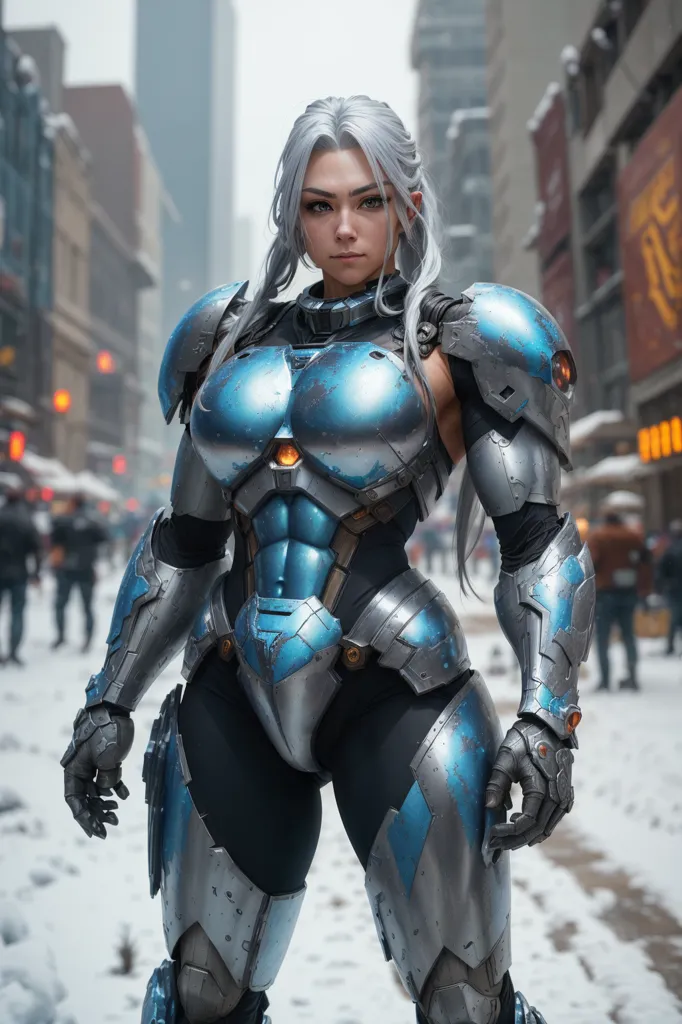 The image shows a tall, muscular woman with long white hair. She is wearing a blue and silver bodysuit of armor. The armor has a metallic sheen and is decorated with orange lights. The woman is standing in a snowy city street. There are people in the background. The woman is looking at the viewer with a serious expression.
