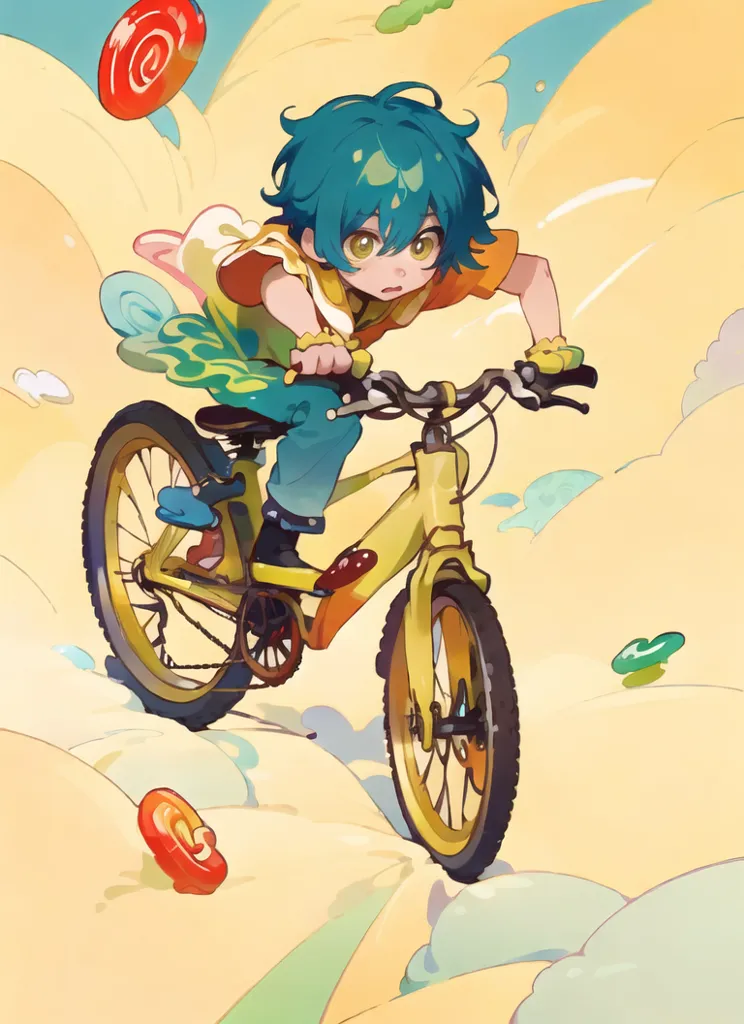 This is an illustration of a young boy with teal hair riding a bicycle. He is wearing a yellow shirt, blue pants, and a green and white hat. The boy is riding on a road made of clouds. There are lollipops and other candies in the sky. The boy is smiling and looks excited.