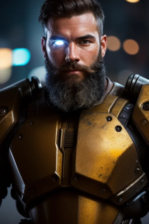 The image is a portrait of a man in a futuristic armor. He has a beard and his eyes are glowing blue. He is wearing a golden armor with a lot of details. The background is blurred and there are some lights in the back.