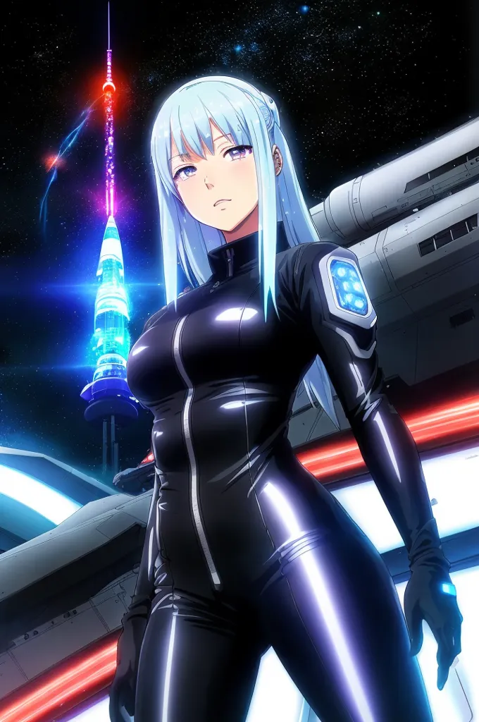 This is an image of a woman standing in front of a spaceship. The woman is wearing a black bodysuit with blue highlights. She has long blue hair and blue eyes. The spaceship is white and blue and has a large engine on the back. There are stars in the background.