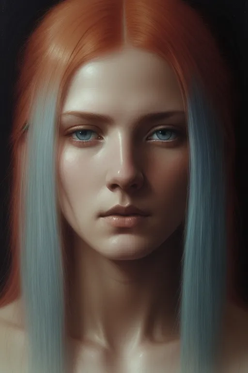 La imagen es un retrato de una mujer joven con el cabello largo y ondulado. Su cabello es una mezcla de rojo y azul, siendo el rojo más prominente en la parte superior de su cabeza y el azul más prominente en la parte inferior. Sus ojos son de un color azul claro y su piel es clara. Lleva un vestido blanco y su cabello está recogido en una coleta suelta. Tiene una expresión seria en su rostro. El fondo es de un color oscuro, lo que la hace resaltar.