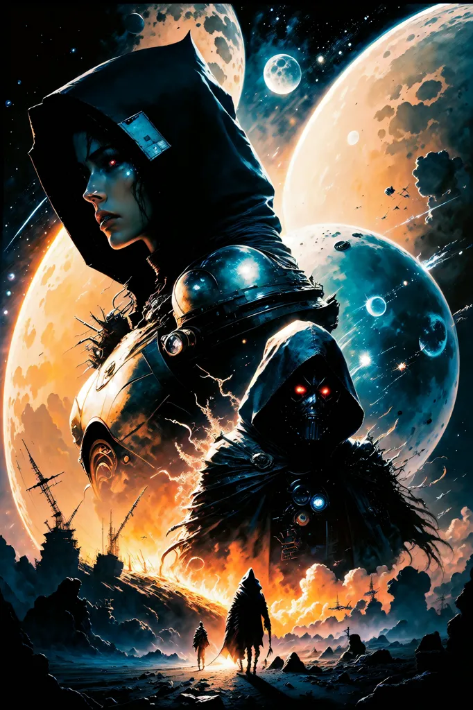 This is an image of a man and a woman standing on a rocky moon or planetary landscape. The woman is wearing a black and gray outfit with a hood, and she has a determined expression on her face. She is looking at the man, who is standing in front of her. He is wearing a black cloak and a helmet, and his face is obscured. There are two moons in the background, and a spaceship is flying in the distance. The image is full of mystery and intrigue, and it leaves the viewer wondering what is happening and what will happen next.