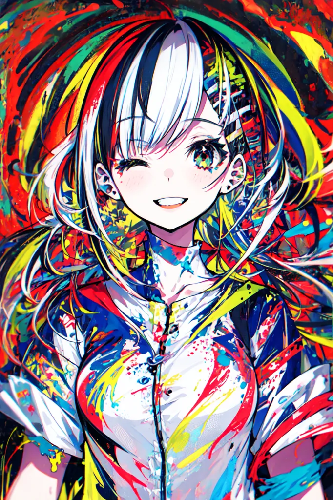 The image is a portrait of a young woman with a colorful background. The woman has long, flowing hair that is a mix of white, black, and green. Her eyes are a light blue color, and she has a playful expression on her face. She is wearing a white shirt that is covered in paint splatters. The background is a bright mix of colors, with blue, yellow, red, and green being the most prominent. The overall effect is one of happiness and vibrancy.