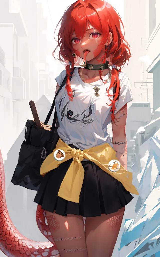 The image is a painting of a young woman with red hair and eyes. She is wearing a white shirt, a yellow skirt, and a brown belt with a yellow buckle. She also has a black bag over her shoulder. The woman is standing in a snowy city. There is a snake coiled around her leg. The snake is red with black stripes. The woman has a determined expression on her face. She seems to be on a mission.