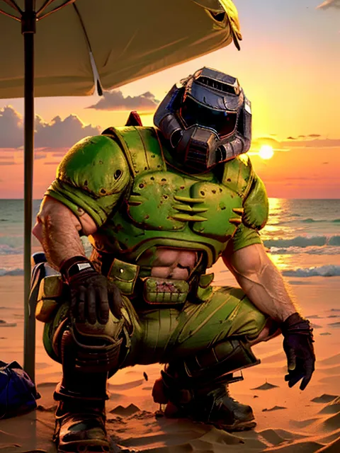 The image shows a character from the Doom video game series, wearing green armor and a helmet with a visor. He is kneeling on the beach with an umbrella behind him. He has a muscular build and is looking out at the ocean. The sun is setting in the background.