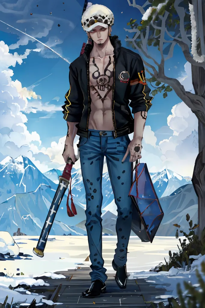 The image shows a man with a white hat and a black jacket. He is wearing blue jeans and brown shoes. He has a sword on his left hip and a bag in his right hand. He is standing in a snowy landscape with mountains in the background. The sky is blue and there are some clouds in the sky. There is a bare tree to his right.