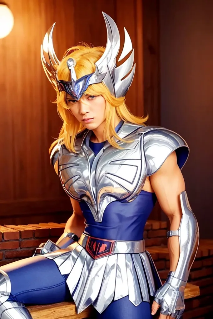 The image shows a young man with long blond hair and blue eyes. He is wearing a detailed silver and blue costume that looks like armor. He is sitting on a wooden bench and has a serious expression on his face.