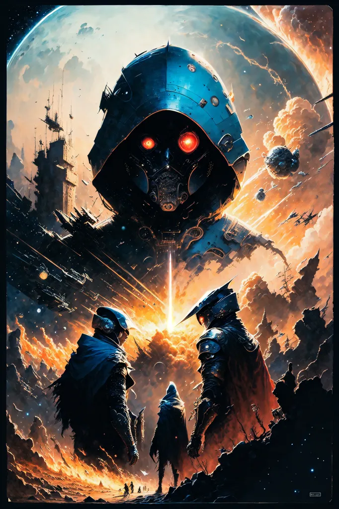 The image is set in a futuristic, war-torn world. There are three figures in the foreground, all of whom are wearing dark cloaks and carrying weapons. They appear to be warriors or soldiers of some kind. In the background, there is a large spaceship or other structure, which is on fire and appears to be crashing. There are also several smaller ships flying around, and there are explosions and debris everywhere. The sky is dark and cloudy, and the ground is covered in rubble. The overall atmosphere of the image is one of danger and destruction.