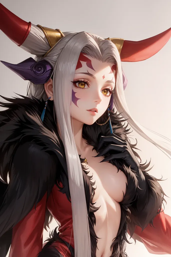 The picture shows a beautiful anime-style woman with long white hair and red horns. She is wearing a red and black dress with a plunging neckline and a fur collar. The woman has purple eyes and a beauty mark on her left cheek. She is looking at the viewer with a serious expression.